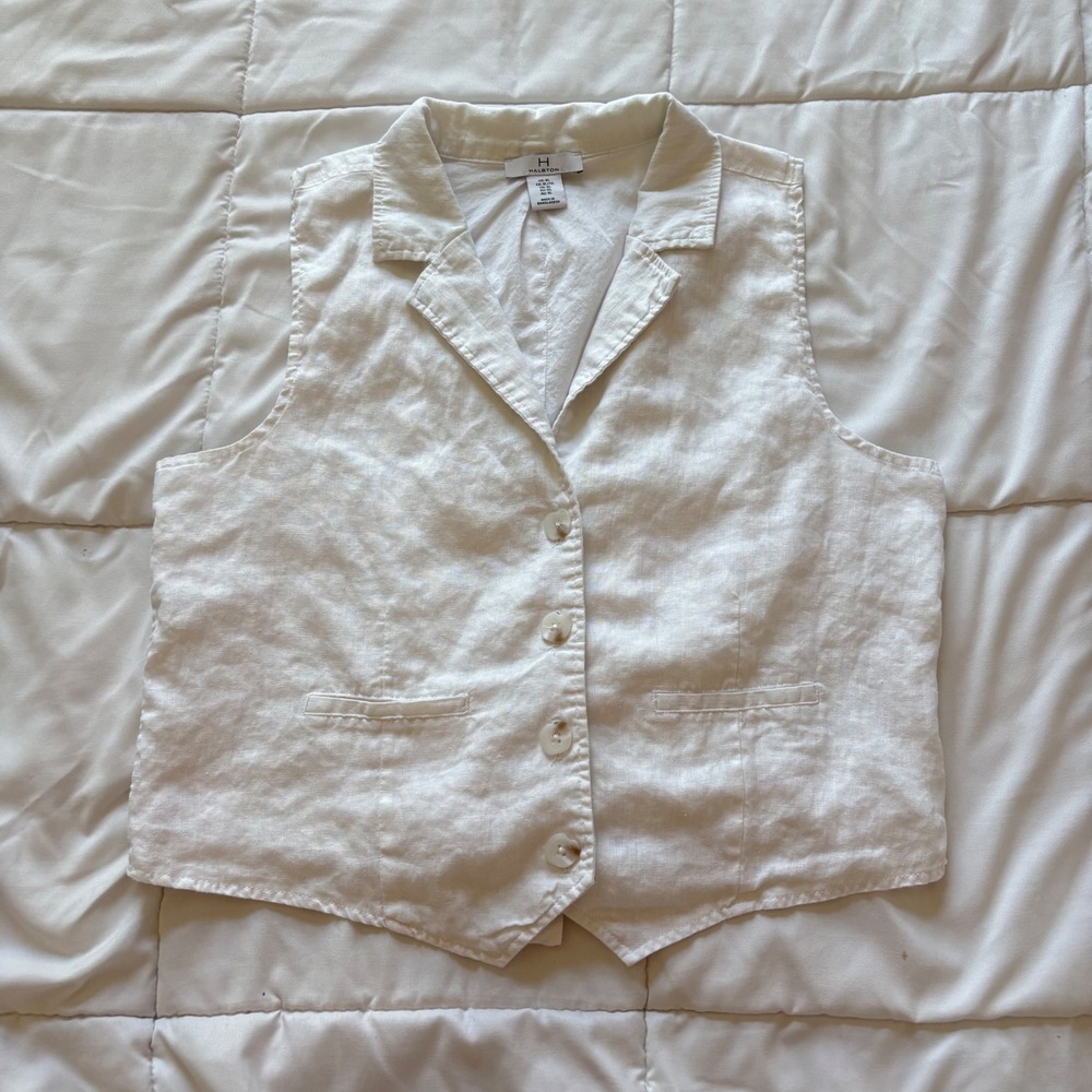Halston White 100% Linen Button Front Vest Cinch Back XL Quiet Luxury Beachy